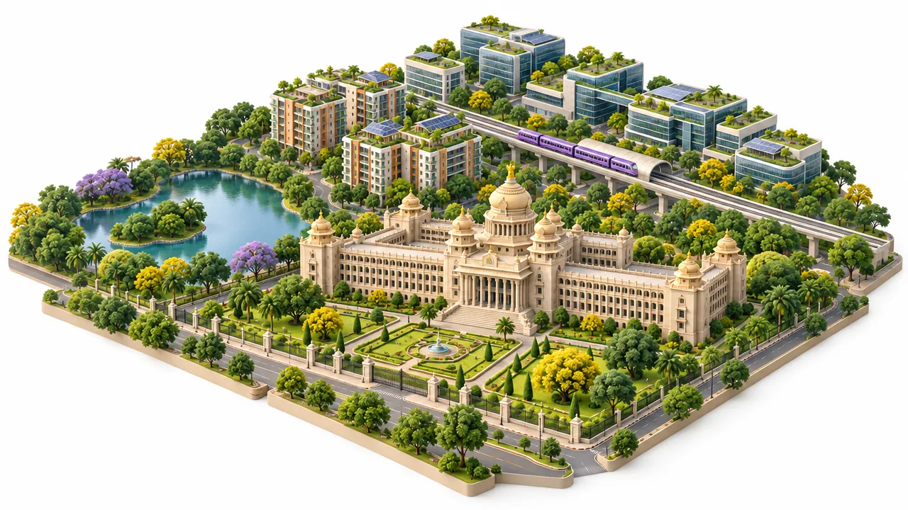 3D illustration of Bengaluru: Vidhana Soudha, garden-city trees and tech-park apartments