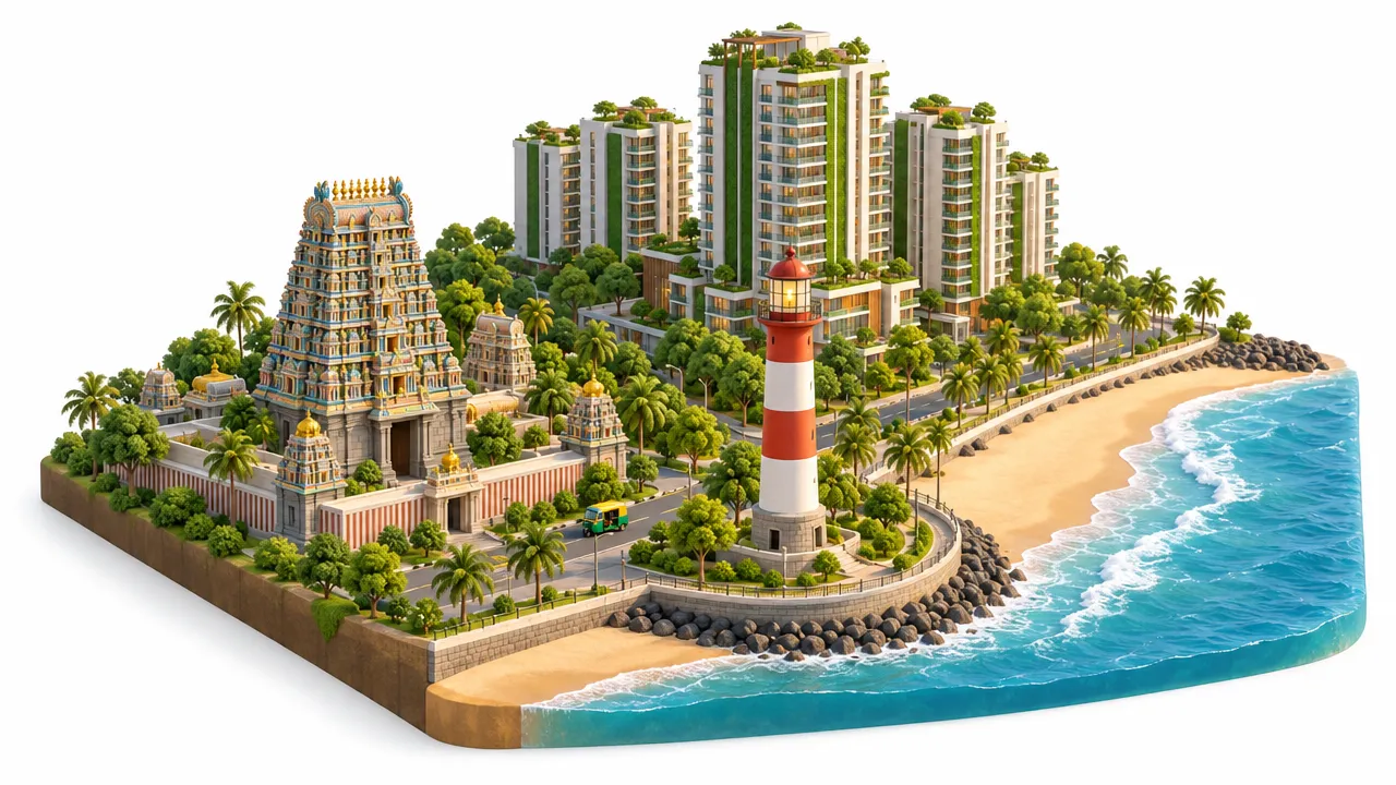 3D illustration of Chennai: temple gopuram, Marina lighthouse and a sustainable high-rise community