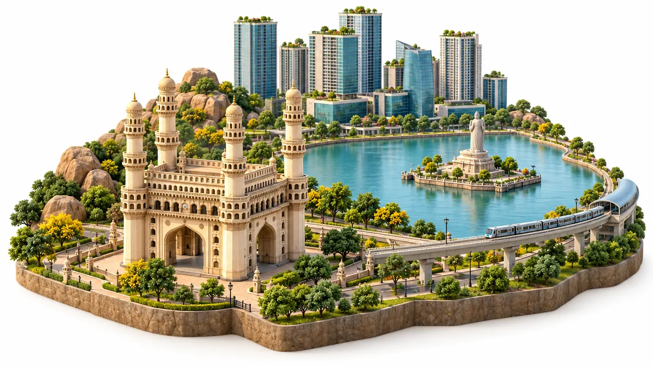 3D illustration of Hyderabad: Charminar, Hussain Sagar and HITEC City towers