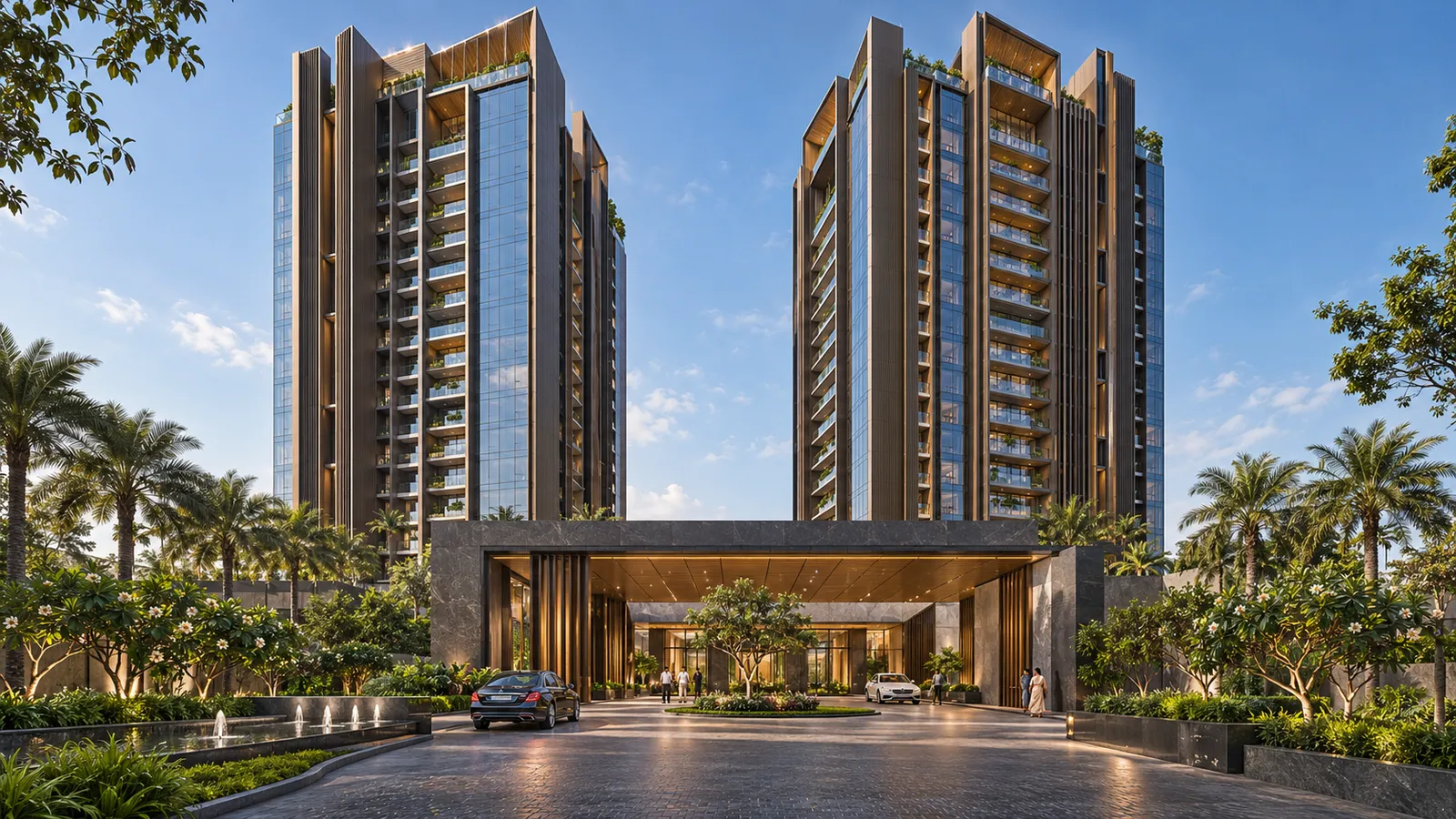 Aerial render of a luxury gated community in Bengaluru with a grand entrance, resort-style pool and central park