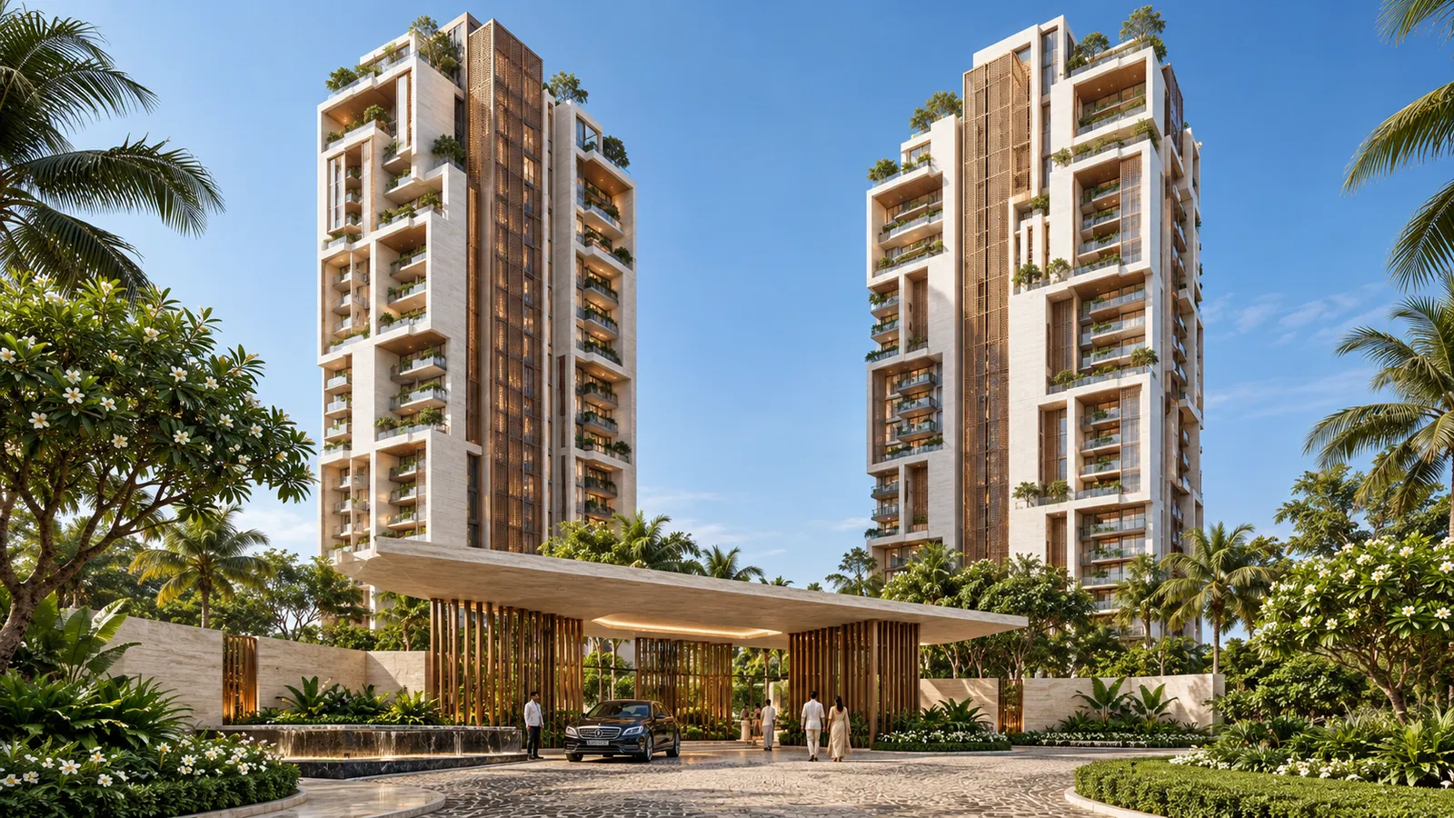 Aerial render of luxury high-rise towers in Hyderabad with a grand entrance, infinity pool and lakeside park